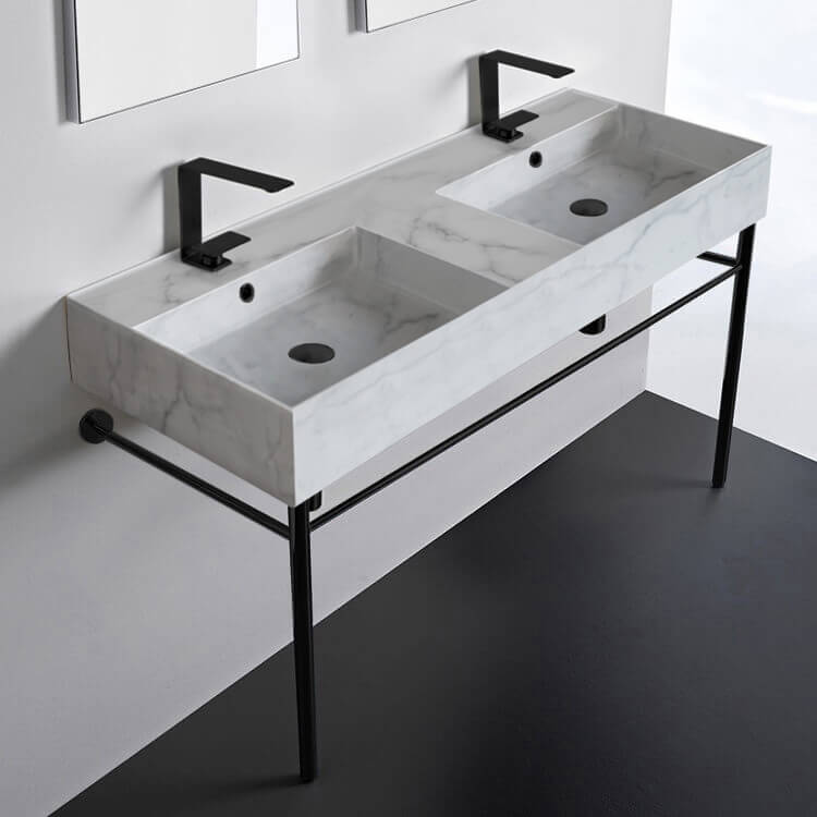 Scarabeo 5143-F-CON-BLK-Two Hole Marble Design Ceramic Console Double Sink With Matte Black Stand